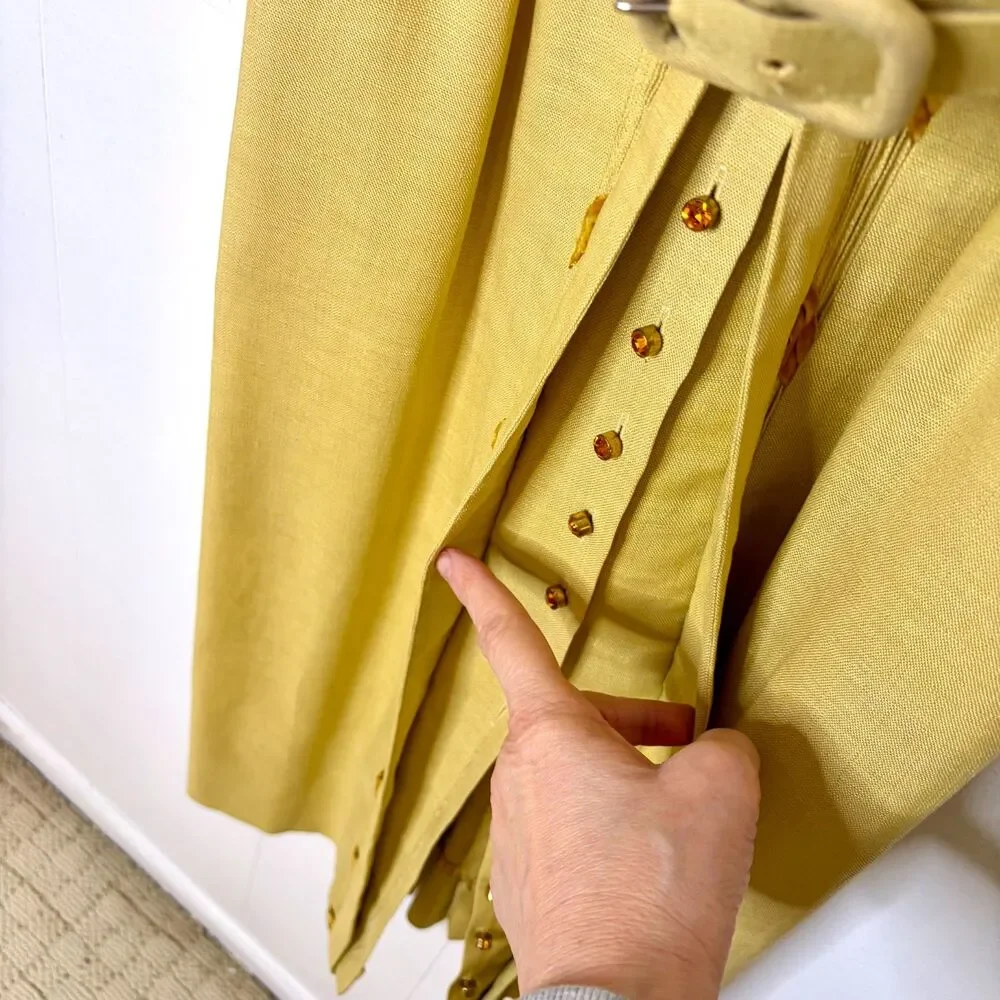 Vintage 1950s/60s Carlye Yellow Linen Dress Rhinestone Buttons Velvet Leaf Sz S - Picture 6 of 9
